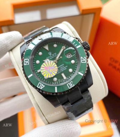 Copy Rolex Submariner Black Steel Green Dial Watch Low Price
